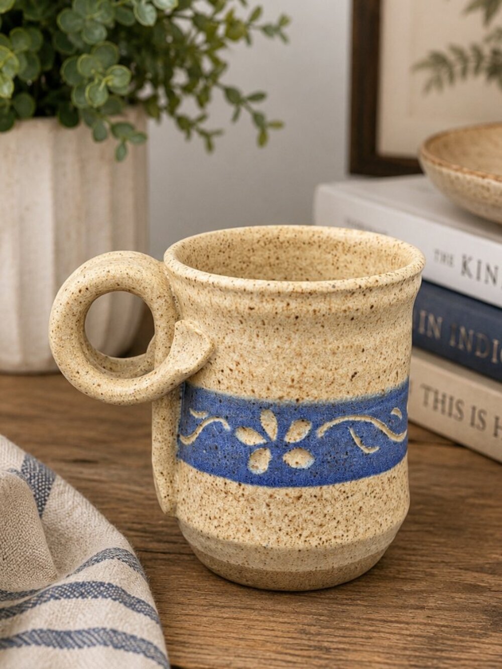 Signed Handmade Studio Pottery Mug Blue Floral Stoneware Artisan Coffee Cup 4"